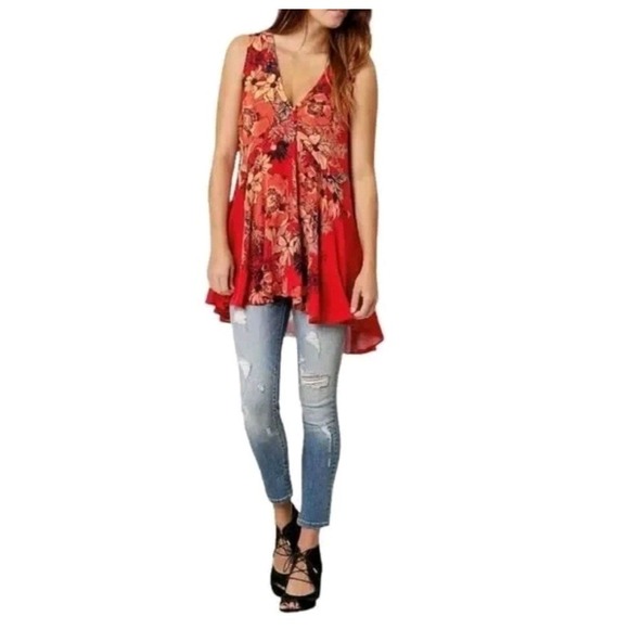 Free‎ People Back Yard Party Gauze Printed Tunic Red Floral Top/Mini Dress XS - Picture 1 of 14